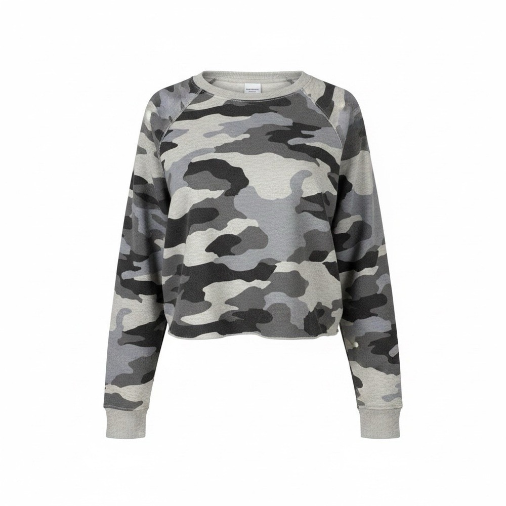 AERIE Sweatshirt Women’s Size S Petite Gray Camo Cropped Crewneck Raw Hem